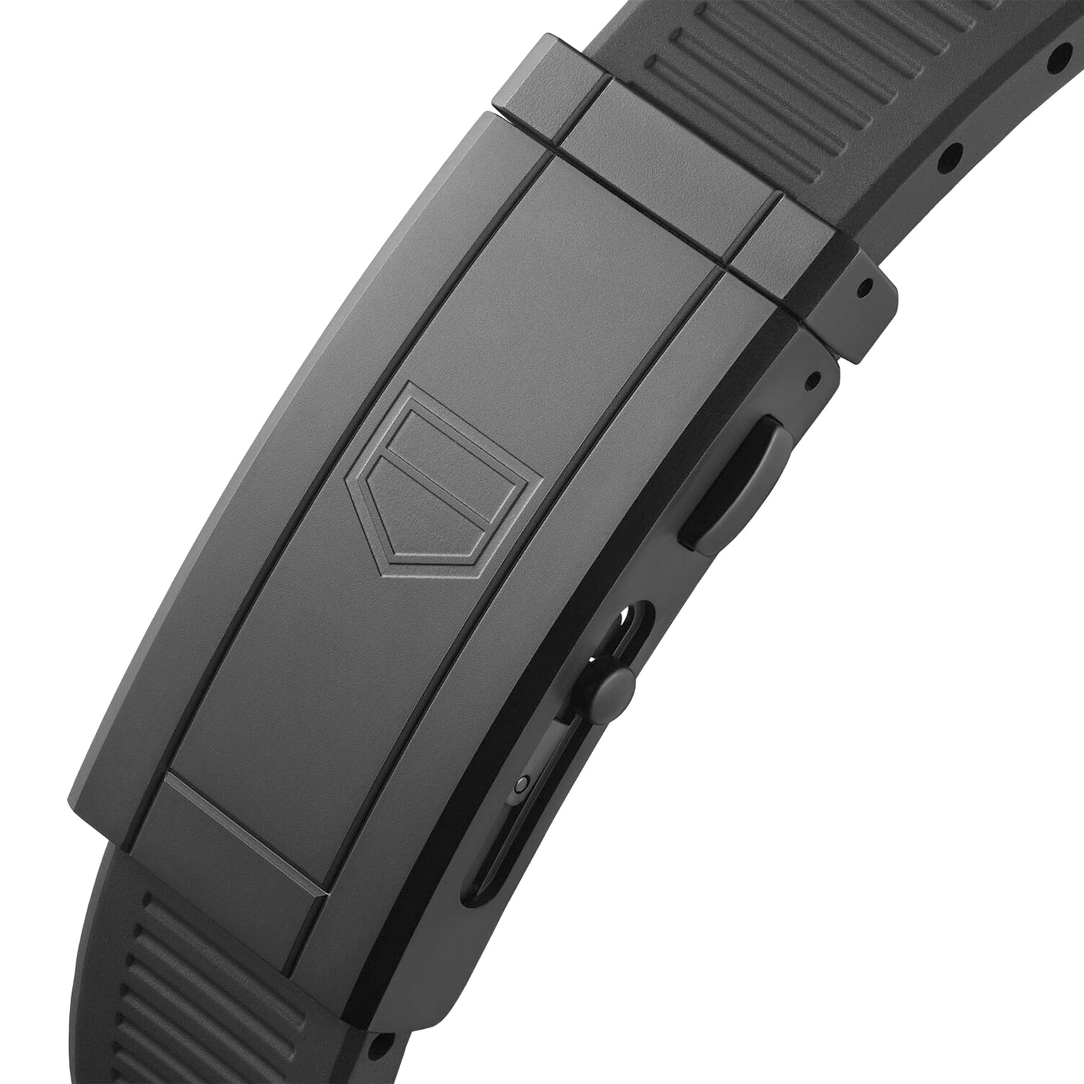 Close-up of the black clasp on the TAG Heuer Aquaracer Professional 300 Date, featuring a geometric logo, ribbed strap, and side release mechanism.