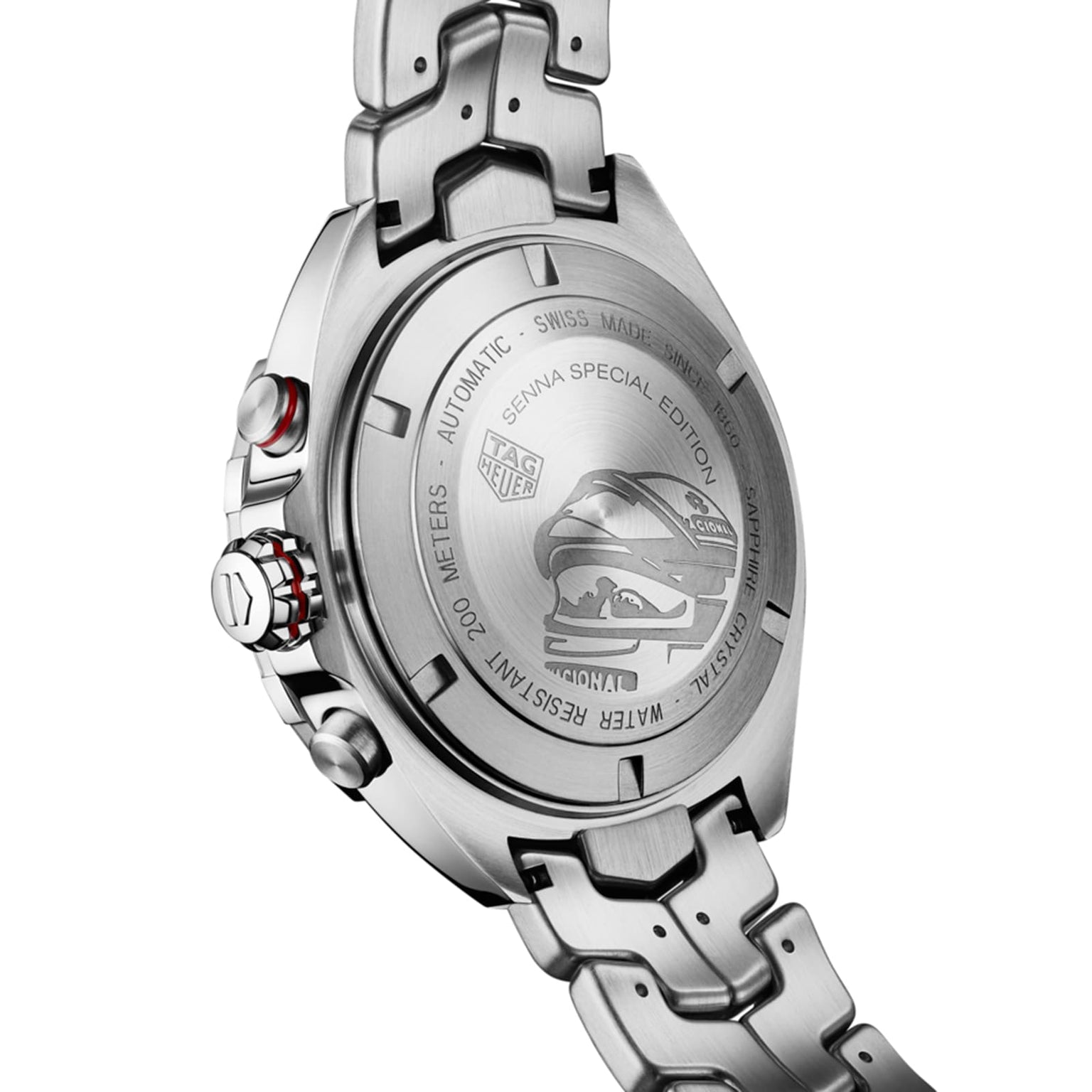 Close-up of the back of the TAG Heuer Special Edition Formula 1 Senna, engraved with a racing helmet, text, and specs like water resistance and automatic movement.