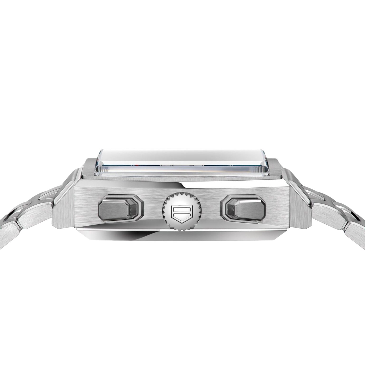 Side view of the TAG Heuer Monaco Chronograph, a vintage-inspired square-faced watch featuring a silver metal case, two push buttons, crown, and a linked bracelet.