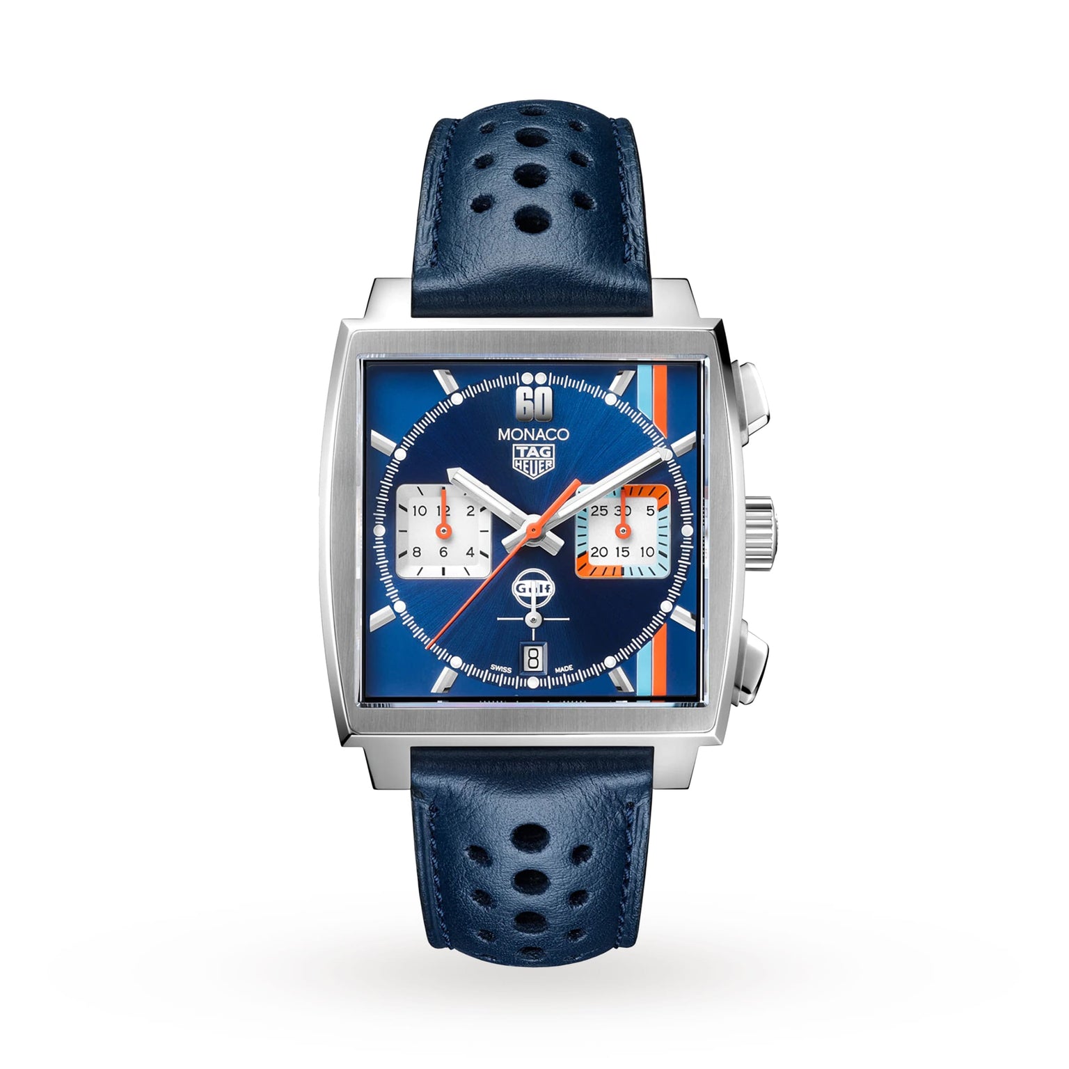 The TAG Heuer Special Edition Monaco Gulf features a square face, blue dial with orange accents, and a perforated blue leather strap.