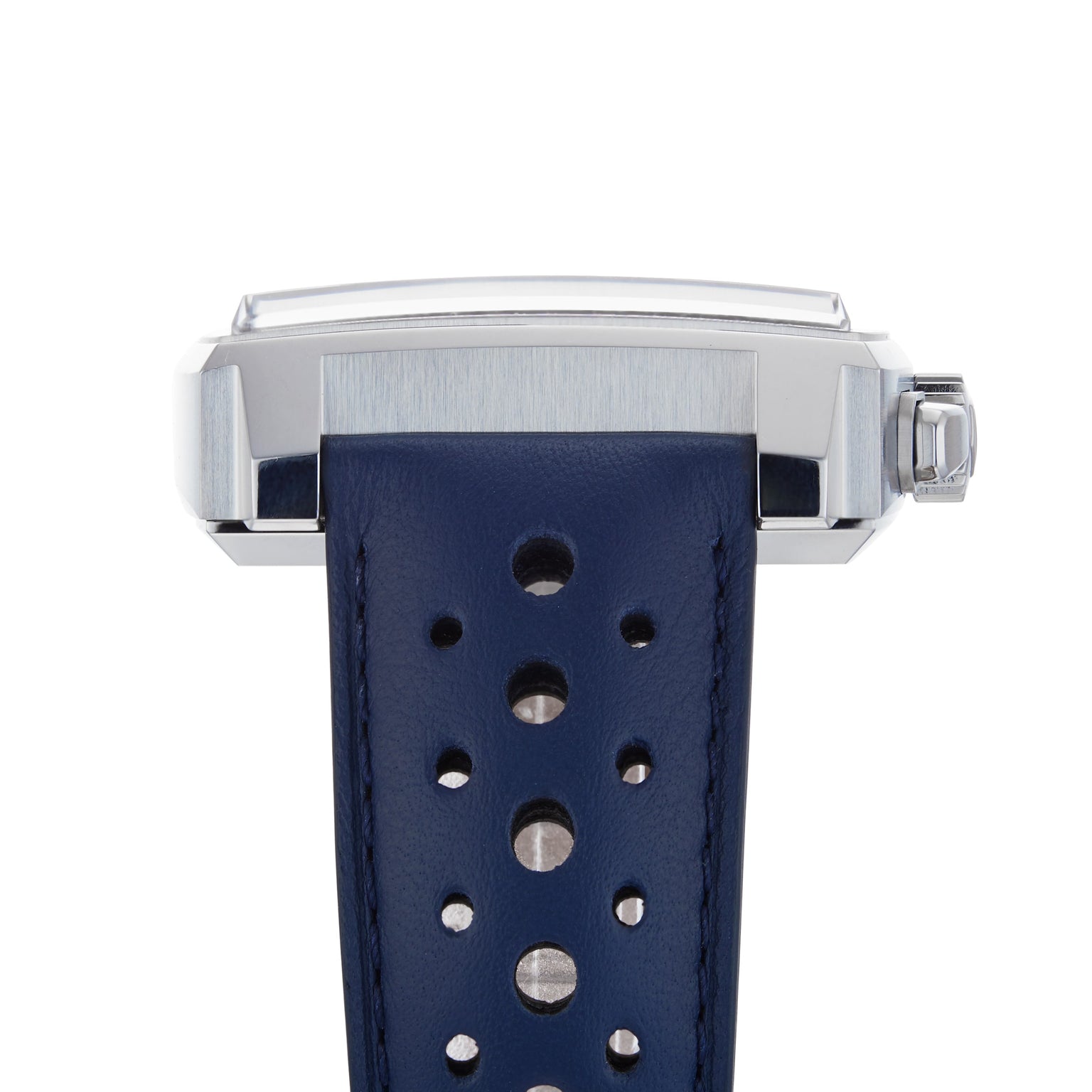 Side view of the TAG Heuer Special Edition Monaco Gulf, featuring a silver rectangular case, blue perforated leather strap, metal crown, and the precision of the automatic Heuer 02 movement.