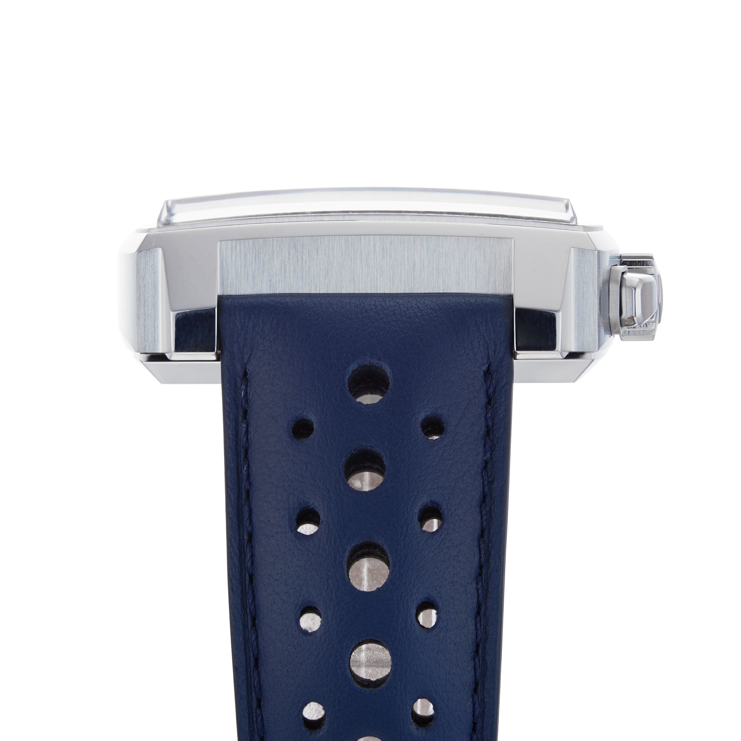 Side view of the TAG Heuer Special Edition Monaco Gulf, featuring a silver rectangular case, blue perforated leather strap, metal crown, and the precision of the automatic Heuer 02 movement.