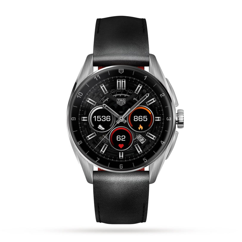 The TAG Heuer Connected Calibre E4 is a luxury smartwatch with a black leather strap, featuring an avant-garde design and a round display showing steps, calories, heart rate, and activity icons.