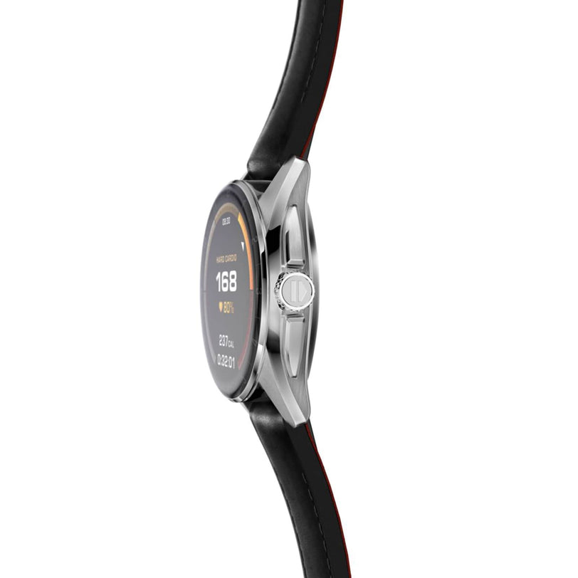 A side view of the TAG Heuer Connected Calibre E4 luxury smartwatch with a black leather strap, showing its display with heart rate and health metrics.