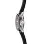 A side view of the TAG Heuer Connected Calibre E4 luxury smartwatch with a black leather strap, showing its display with heart rate and health metrics.