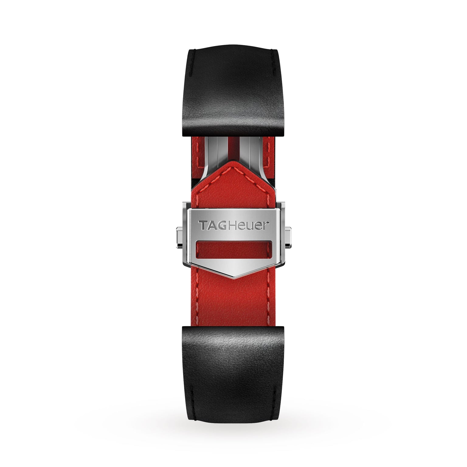 A TAG Heuer watch strap with black leather exterior, red leather interior, and a stainless steel deployment clasp featuring the TAG Heuer logo—perfect for your Connected Calibre E4 luxury smartwatch.