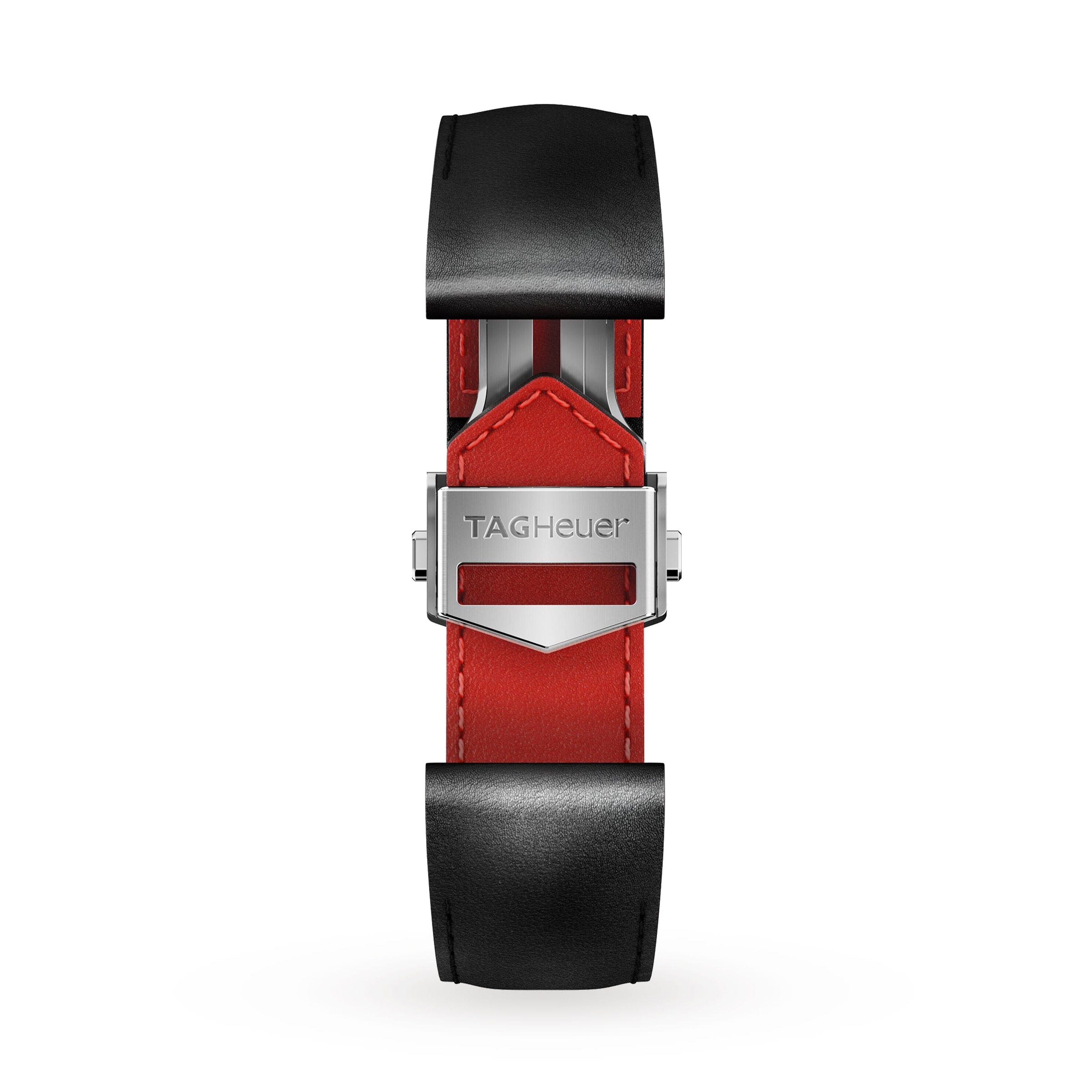 A TAG Heuer watch strap with black leather exterior, red leather interior, and a stainless steel deployment clasp featuring the TAG Heuer logo—perfect for your Connected Calibre E4 luxury smartwatch.