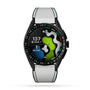 The TAG Heuer Connected Calibre E4 Golf Edition is a black smart watch with a white textured band made from Grade 2 titanium, showing digital golf course maps, club selection, distance, and score on its screen.