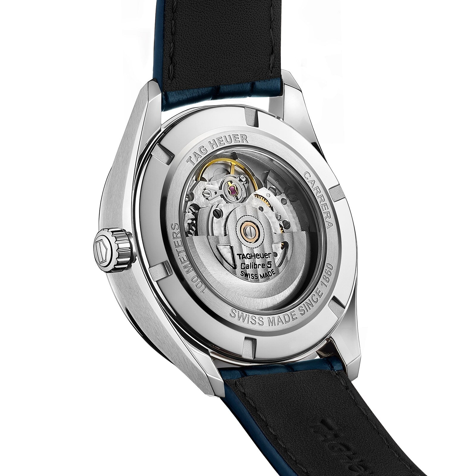 Close-up of the back of a TAG Heuer Carrera Day-Date watch featuring its exposed automatic movement through a transparent caseback and a black leather strap.