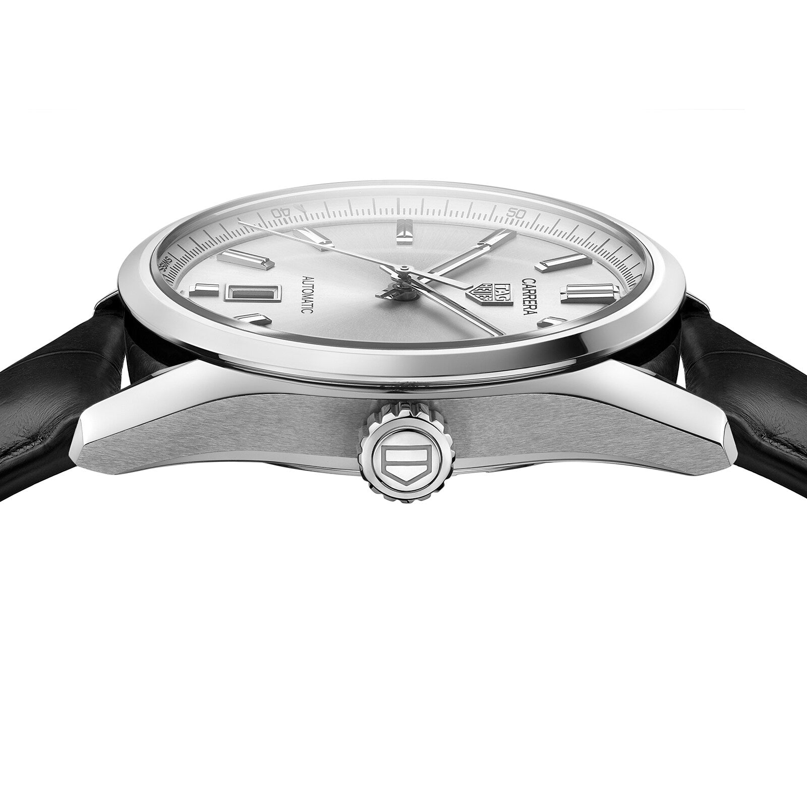 Side view of the TAG Heuer Carrera Date analog wristwatch in silver, featuring a 39mm steel case, metallic accents, black leather strap, and prominent crown against a white background.