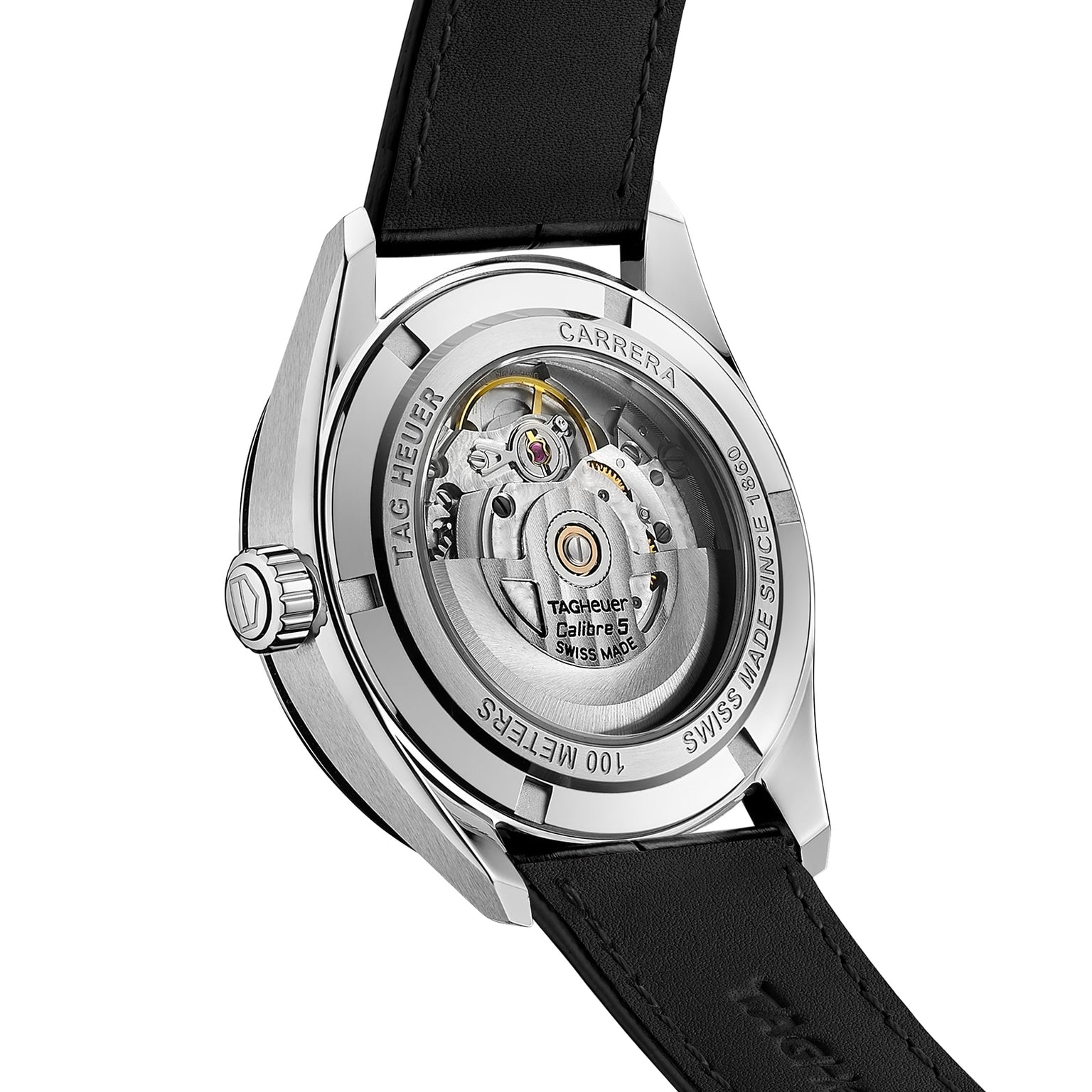 Back view of the TAG Heuer Carrera Date watch, showcasing its 39mm steel case and exposed automatic movement through a transparent case back engraved with branding and specifications.