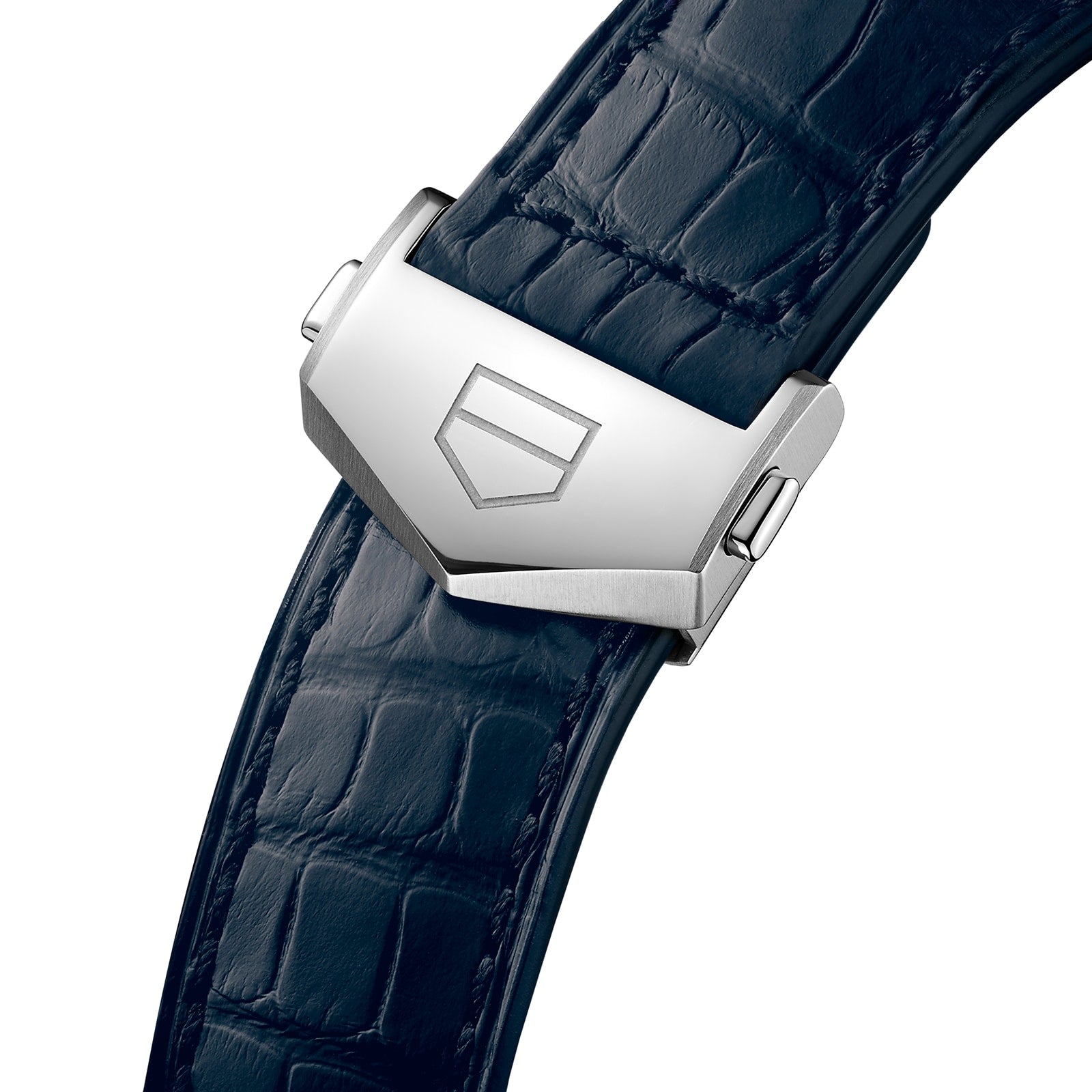 Close-up of the dark blue leather strap on the TAG Heuer Carrera Date watch with a silver clasp displaying a geometric logo, symbolizing endurance and performance.