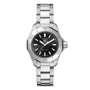 The TAG Heuer Aquaracer Professional 200 features a stainless steel case, black dial, silver hour markers, and a metal link bracelet, displayed from the front.