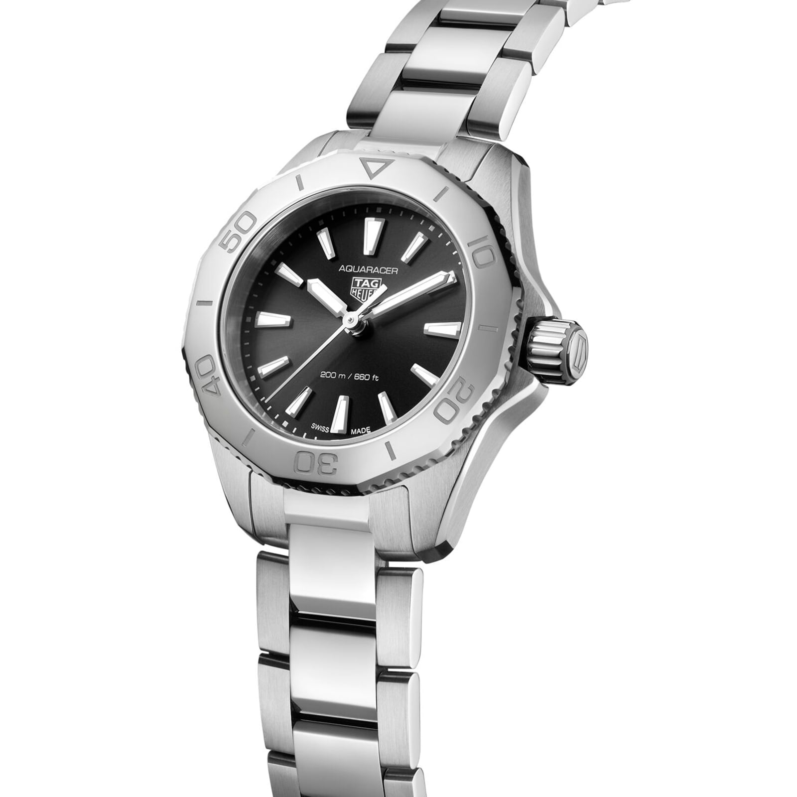 The TAG Heuer Aquaracer Professional 200 is a stainless steel sports watch with a black dial, silver hour markers, and a unidirectional bezel, shown on a metal bracelet.