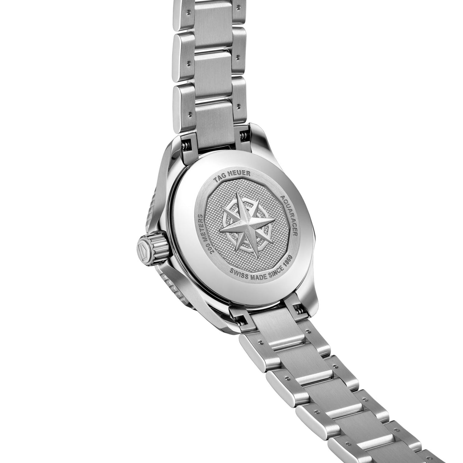 The TAG Heuer Aquaracer Professional 200 sports watch has a robust stainless steel case back engraved with a compass design and detailed TAG Heuer branding.
