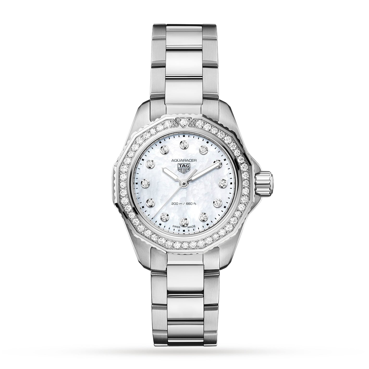 The TAG Heuer Aquaracer Professional 200 sports watch features a silver metal link bracelet, diamond bezel, and mother-of-pearl dial, displayed against a white background.