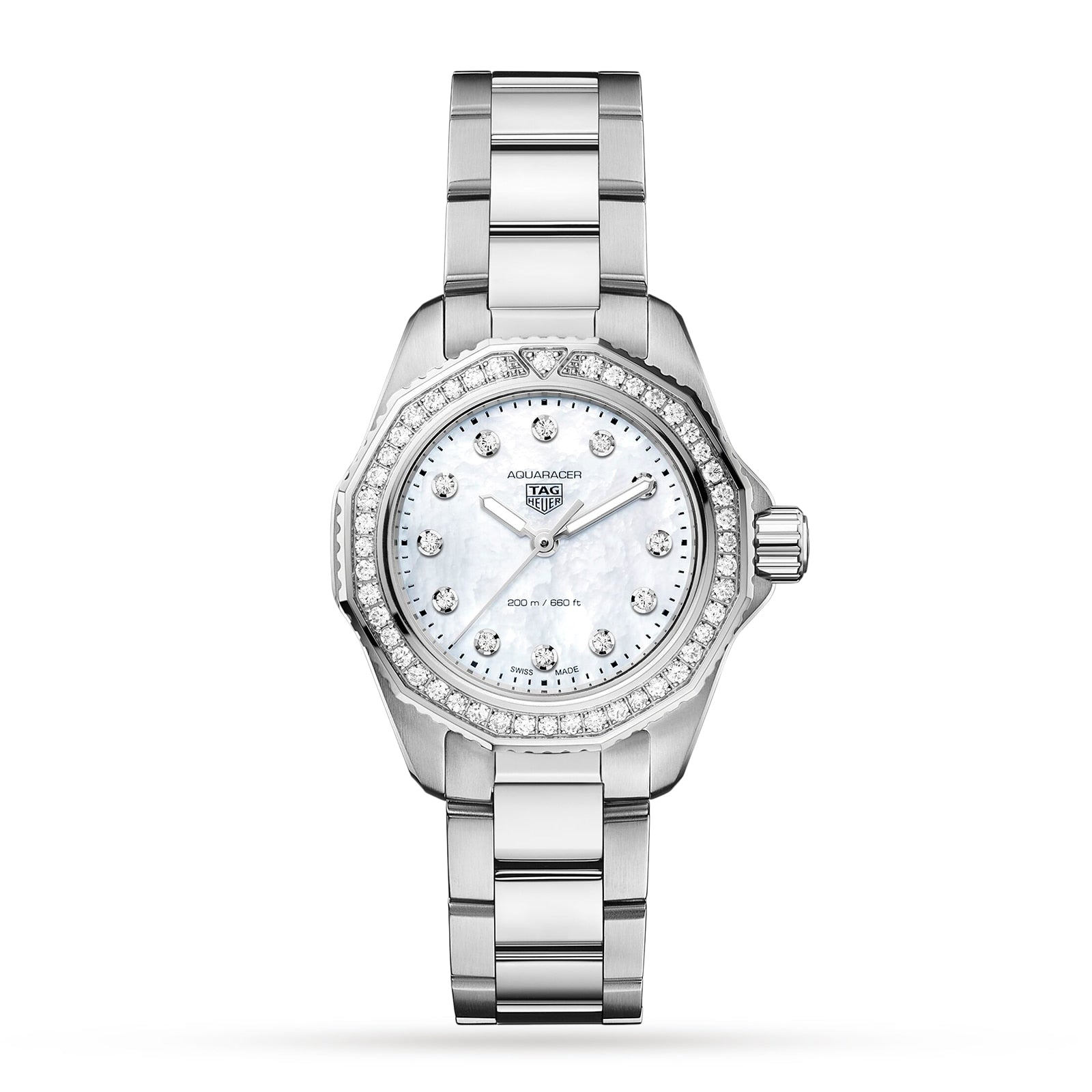 The TAG Heuer Aquaracer Professional 200 sports watch features a silver metal link bracelet, diamond bezel, and mother-of-pearl dial, displayed against a white background.
