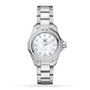 The TAG Heuer Aquaracer Professional 200 sports watch features a silver metal link bracelet, diamond bezel, and mother-of-pearl dial, displayed against a white background.