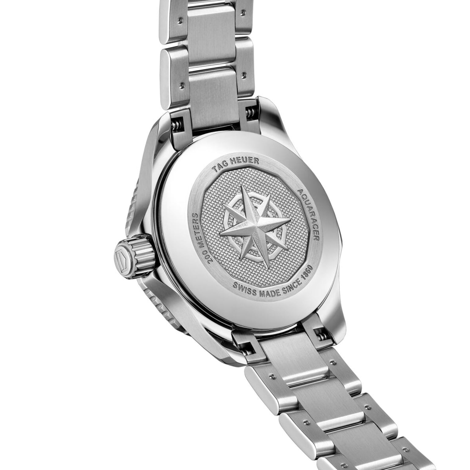 Close-up of the back of the TAG Heuer Aquaracer Professional 200, showing an engraved compass rose and detailed specs on its stainless steel case.