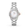 The TAG Heuer Aquaracer Professional 200 wristwatch features a stainless steel case, mother-of-pearl dial, diamond hour markers, and rose gold accents on the bezel and crown, set against a white background.