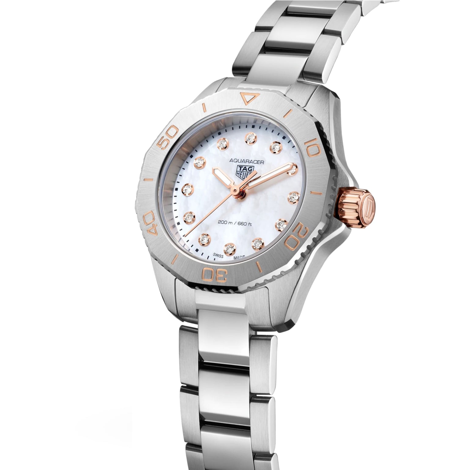 The TAG Heuer Aquaracer Professional 200, featuring a stainless steel case, mother-of-pearl dial, diamond hour markers, and a rose gold crown, is shown against a plain white background.