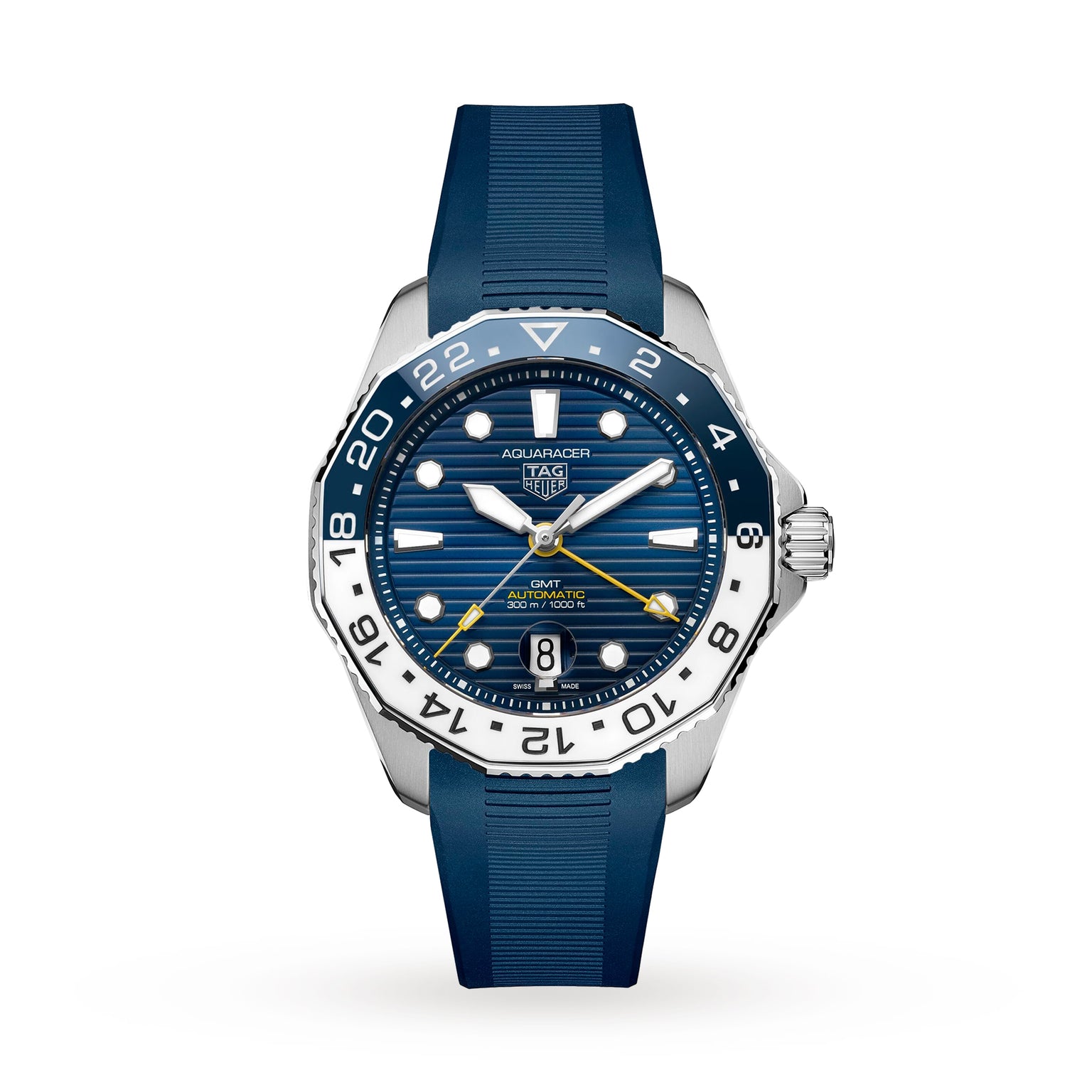 The TAG Heuer Aquaracer Professional 300 GMT is a blue and silver sports watch with a blue dial, yellow GMT hand, and blue rubber strap, shown on a white background.