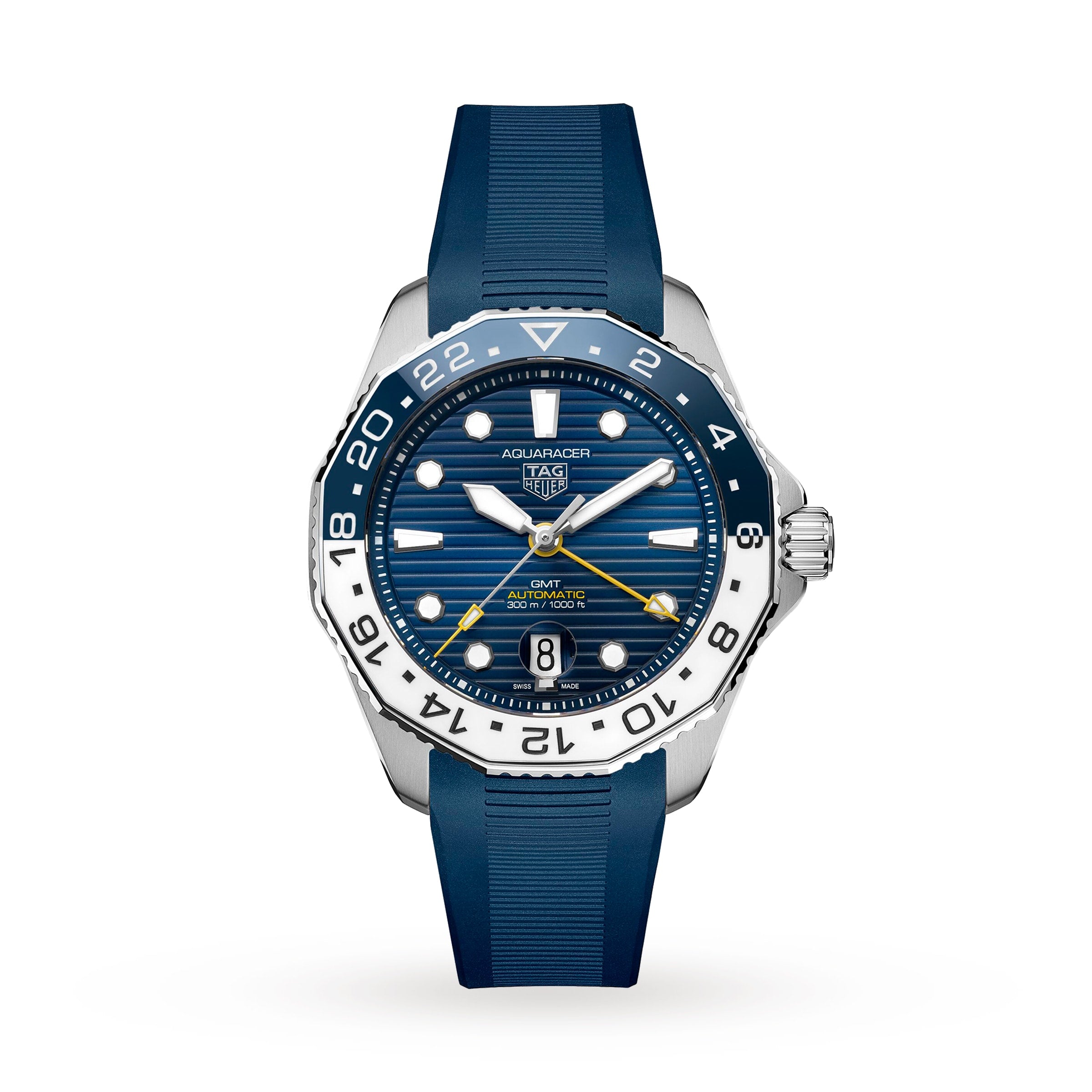 The TAG Heuer Aquaracer Professional 300 GMT is a blue and silver sports watch with a blue dial, yellow GMT hand, and blue rubber strap, shown on a white background.