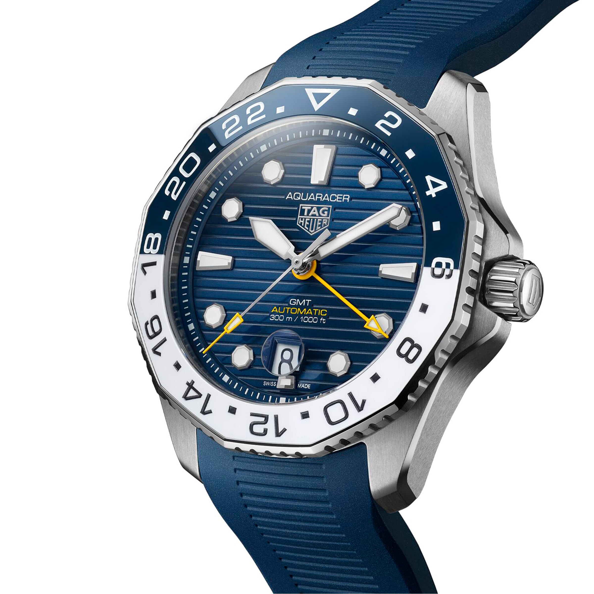 The TAG Heuer Aquaracer Professional 300 GMT features a blue dial, blue rubber strap, white hour markers, and a white and blue 24-hour bezel, powered by a precise GMT movement.