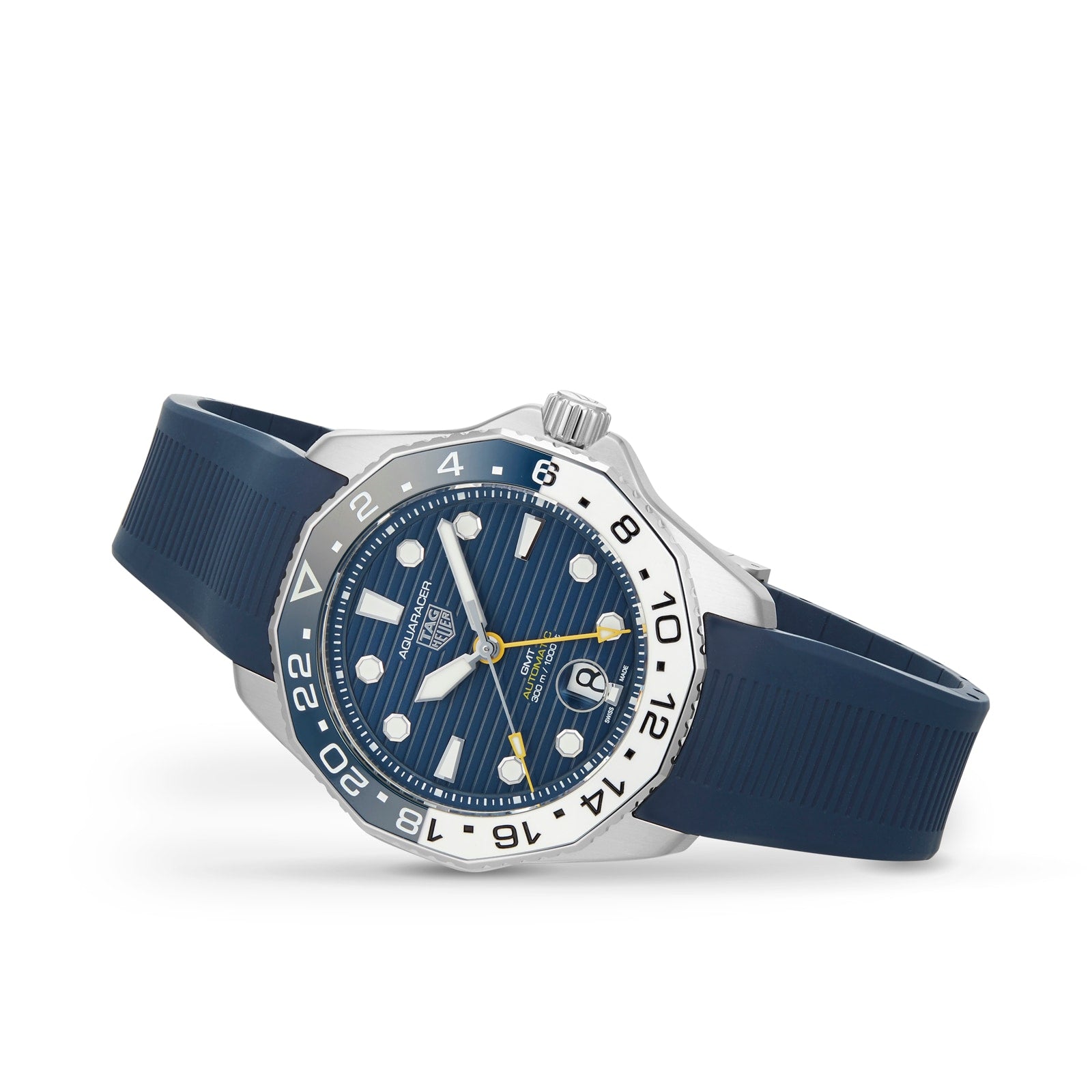 A TAG Heuer Aquaracer Professional 300 GMT wristwatch with a blue and silver case, blue rubber strap, round dial, and white hour markers is displayed on a white background.