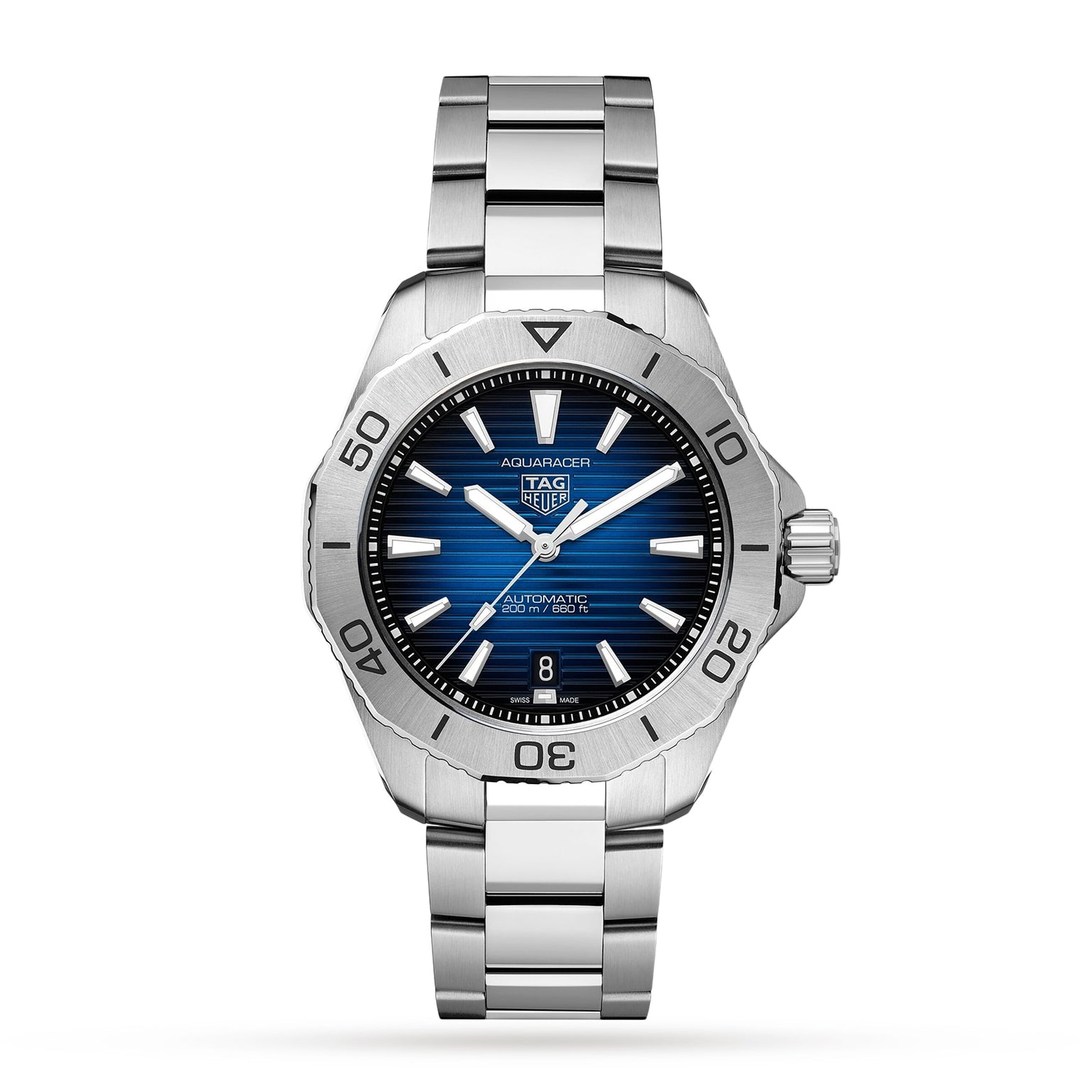The TAG Heuer Aquaracer Professional 200 Date is a silver diving watch with a blue dial, silver markers, date at 6 o’clock, and a stainless steel case and bracelet, shown against a white background.