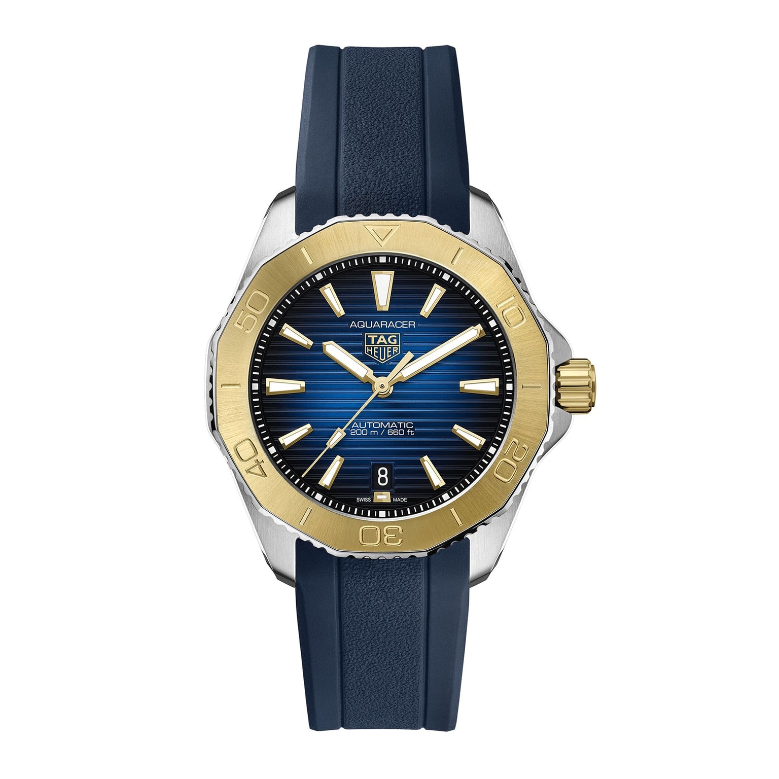 The TAG Heuer Aquaracer Professional 200 Date features a gold bezel, blue gradient dial with date at 6 o’clock, luminous hands, and a blue rubber strap.