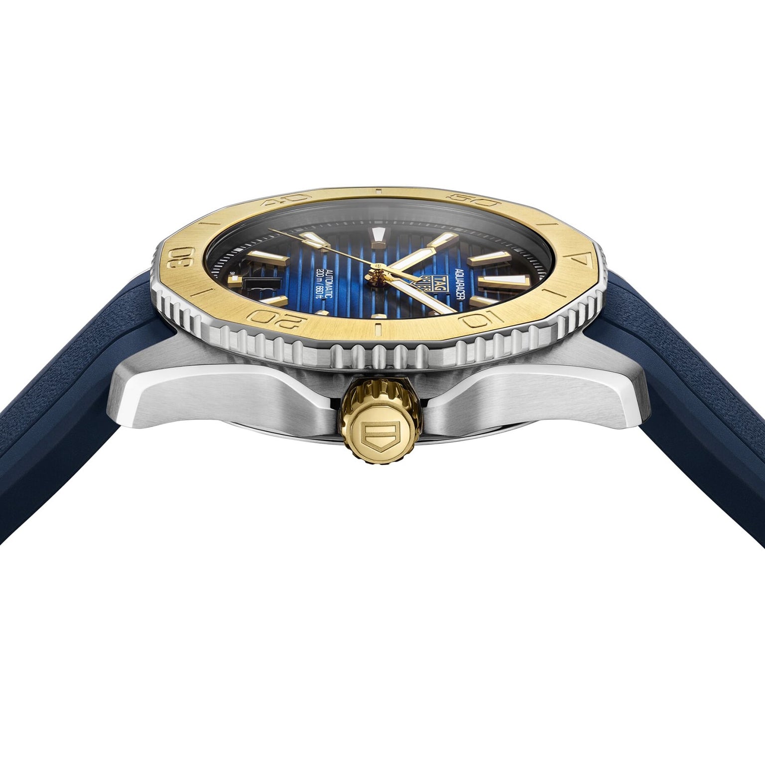 Side view of the TAG Heuer Aquaracer Professional 200 Date sports watch with a blue strap, blue and gold bezel, gold crown, and a blue dial featuring gold hour markers.