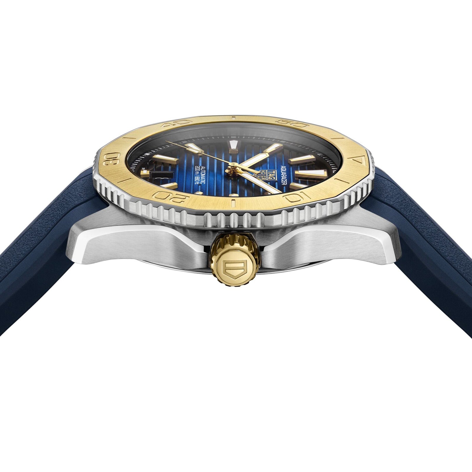 Side view of the TAG Heuer Aquaracer Professional 200 Date sports watch with a blue strap, blue and gold bezel, gold crown, and a blue dial featuring gold hour markers.