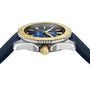 Side view of the TAG Heuer Aquaracer Professional 200 Date sports watch with a blue strap, blue and gold bezel, gold crown, and a blue dial featuring gold hour markers.