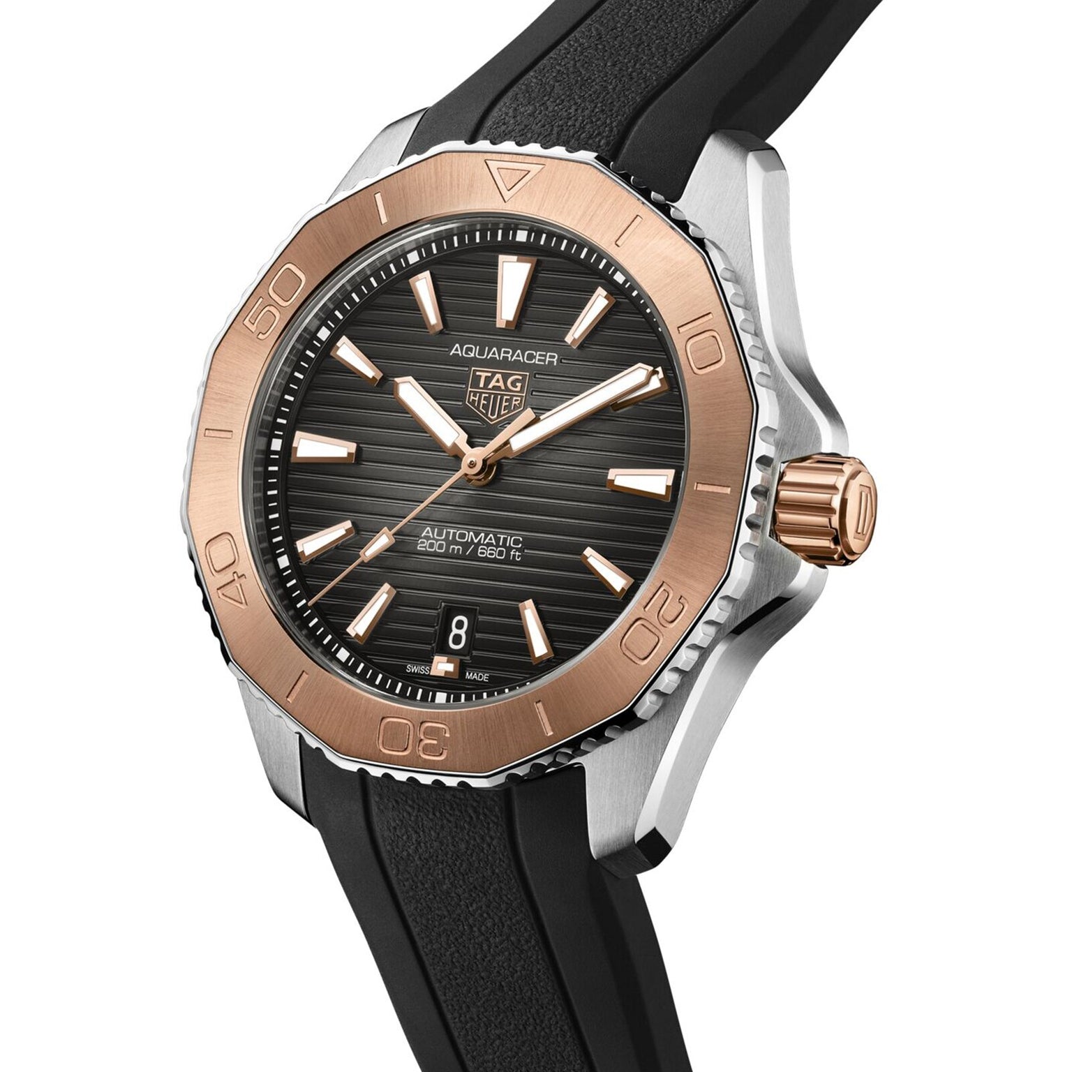 The TAG Heuer Aquaracer Professional 200 is a sports watch featuring a black dial, gold-tone bezel and accents, date at 6 o’clock, black rubber strap, and powered by the calibre 5 automatic movement.