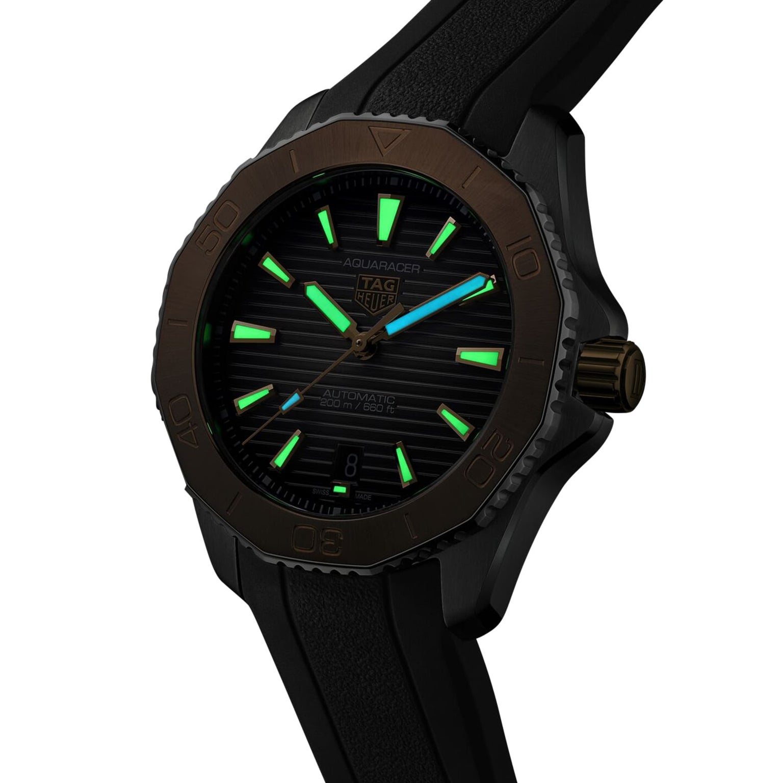 Black TAG Heuer Aquaracer Professional 200 sports watch with luminous green markers, blue second hand, and black textured dial, displayed at an angle on a white background. Powered by the reliable Calibre 5 automatic movement.