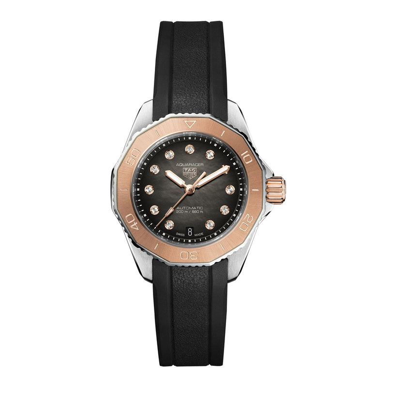 Experience refined elegance with the TAG Heuer Aquaracer Professional 200 Date, featuring a black strap, rose gold bezel, black dial with diamond indexes, date display at 3 o’clock, and impressive water resistance.