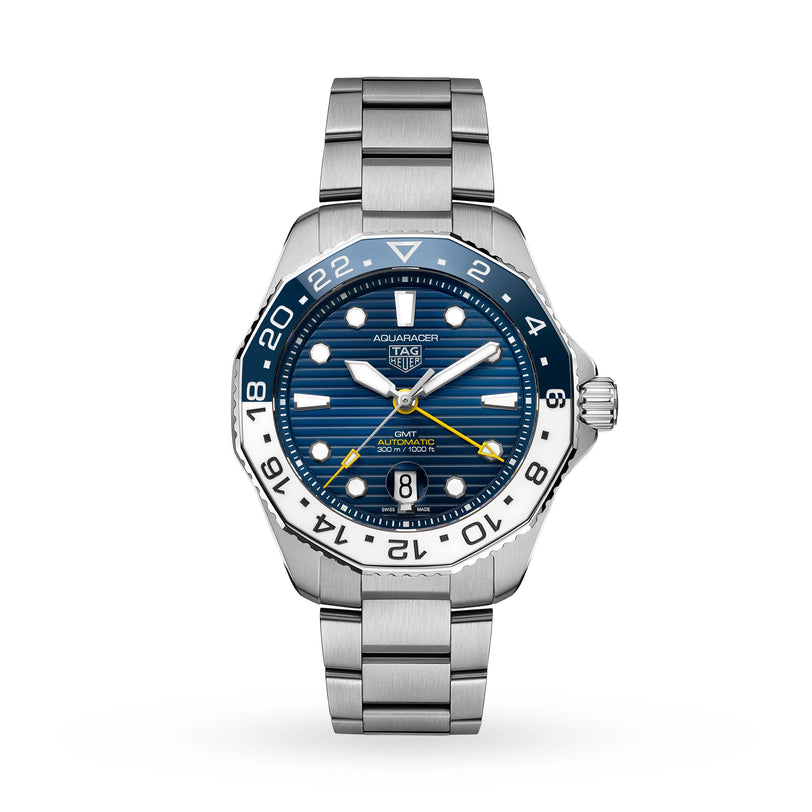 The TAG Heuer Aquaracer Professional 300 GMT features a stainless steel case, blue and white bezel, blue dial, silver hour markers, yellow GMT hand, GMT movement, and a metal link bracelet.