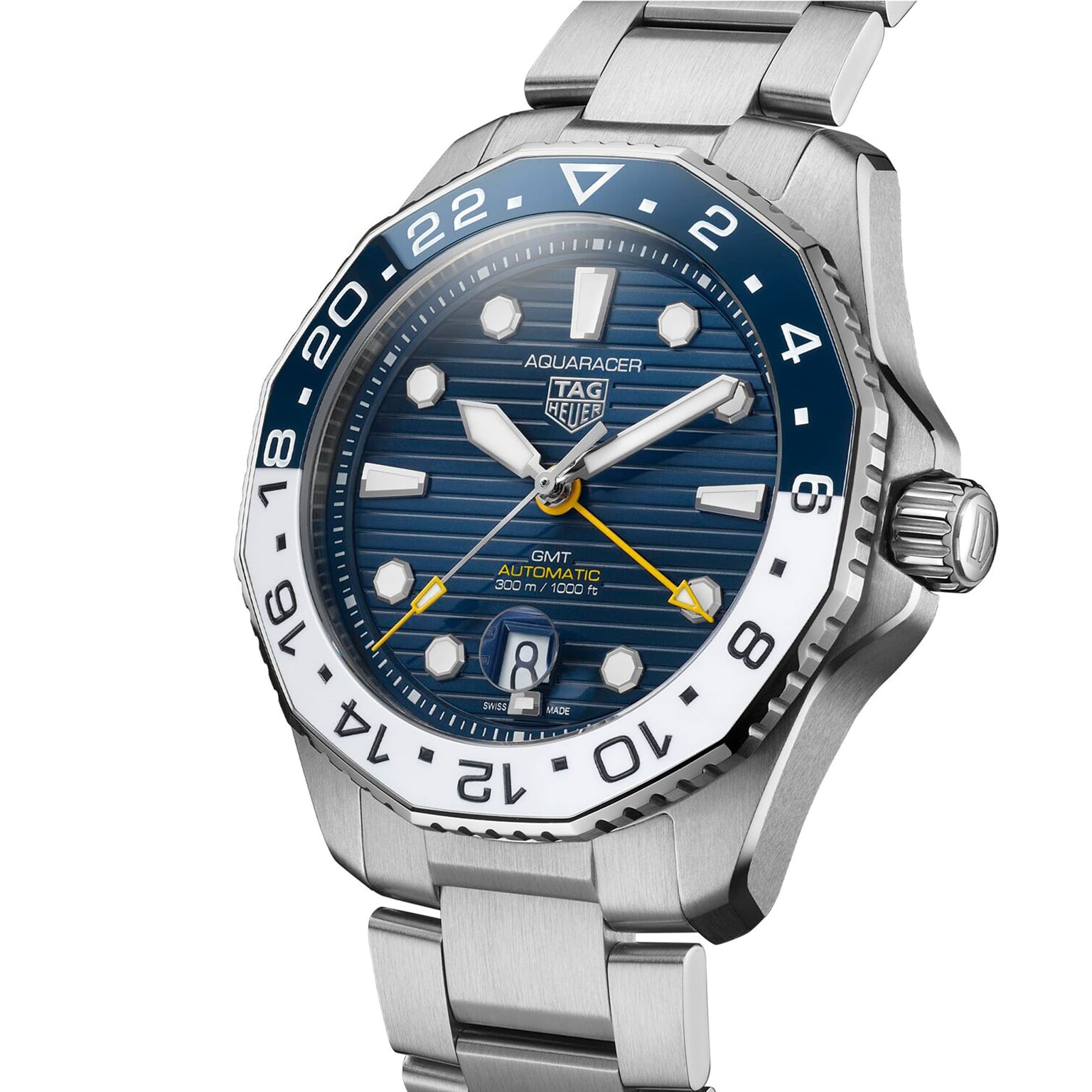The TAG Heuer Aquaracer Professional 300 GMT features a stainless steel case, blue and white bezel, blue dial, GMT movement, date window at 6 o’clock, and a silver link bracelet.