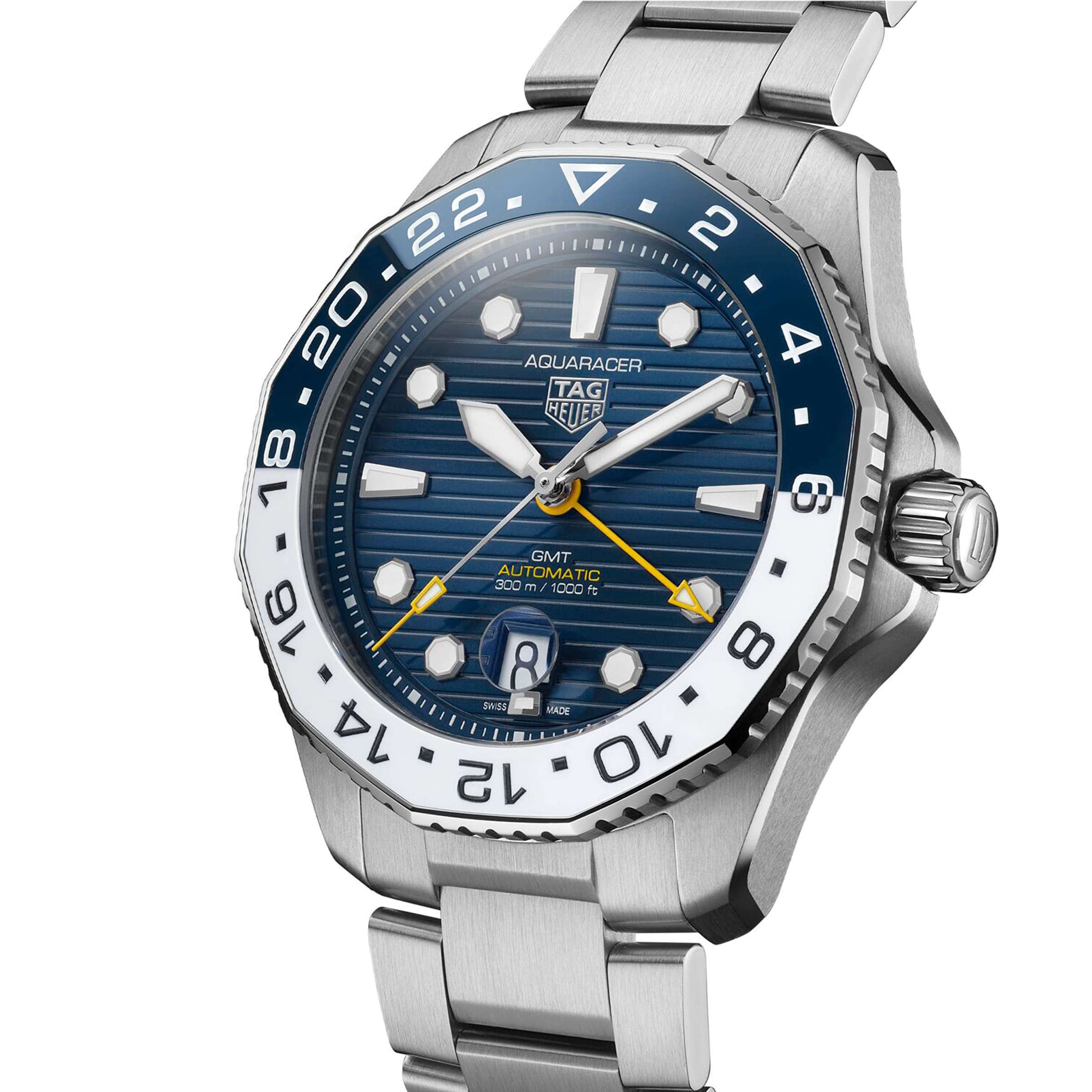 The TAG Heuer Aquaracer Professional 300 GMT features a stainless steel case, blue and white bezel, blue dial, GMT movement, date window at 6 o’clock, and a silver link bracelet.