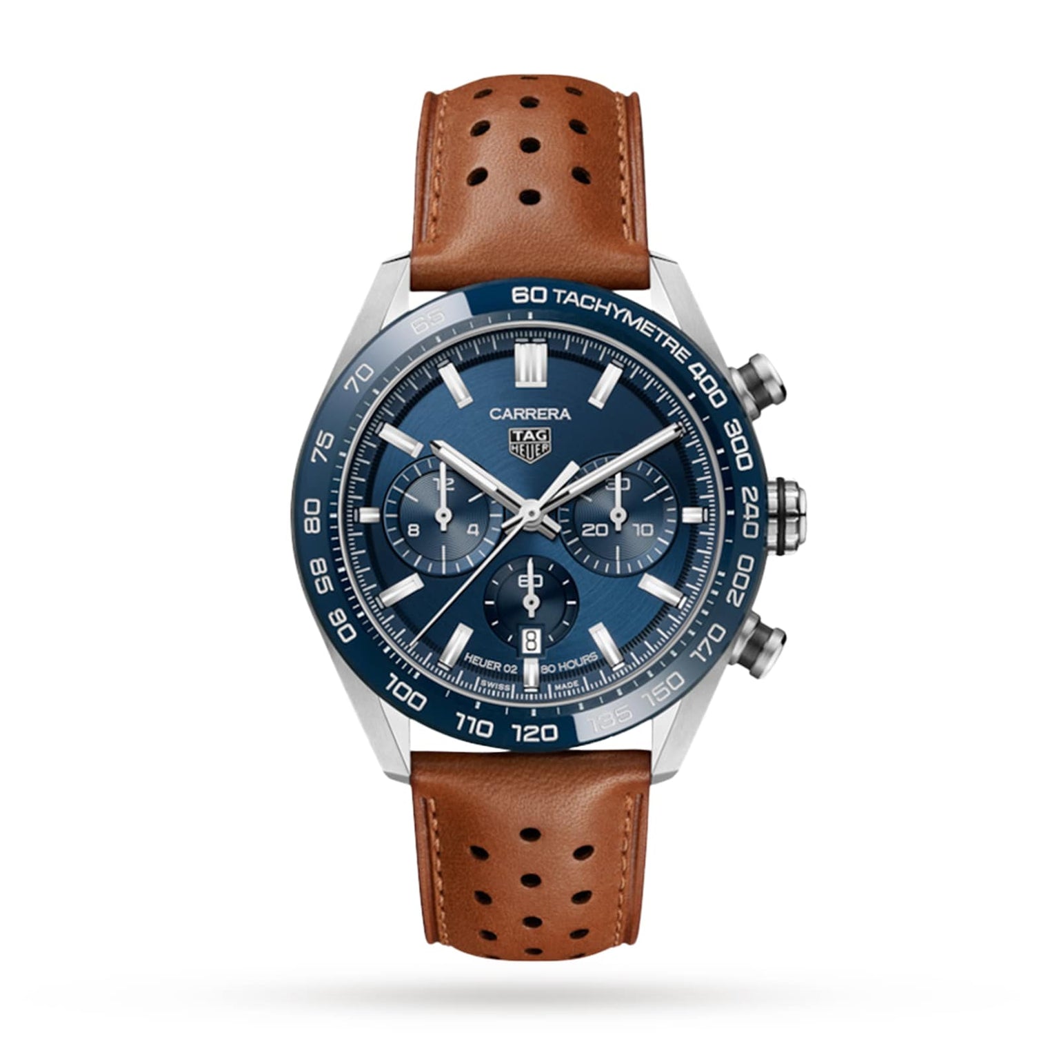 The TAG Heuer Carrera Chronograph features a blue dial with three subdials, a tachymetre bezel, motor-racing heritage, and a perforated brown leather strap, powered by the calibre 02 automatic movement.