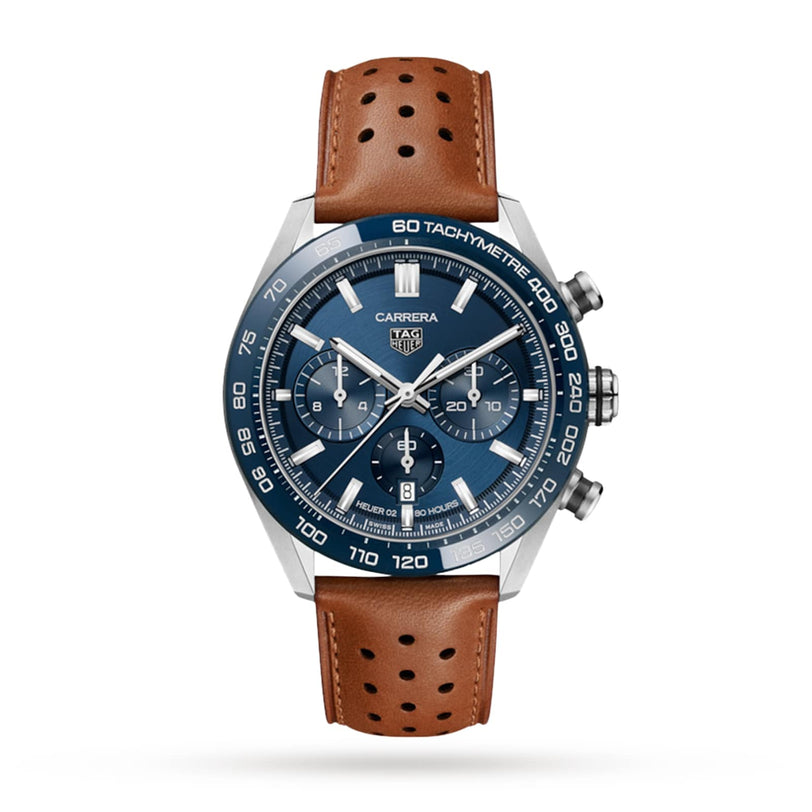 The TAG Heuer Carrera Chronograph features a blue dial with three subdials, a tachymetre bezel, motor-racing heritage, and a perforated brown leather strap, powered by the calibre 02 automatic movement.