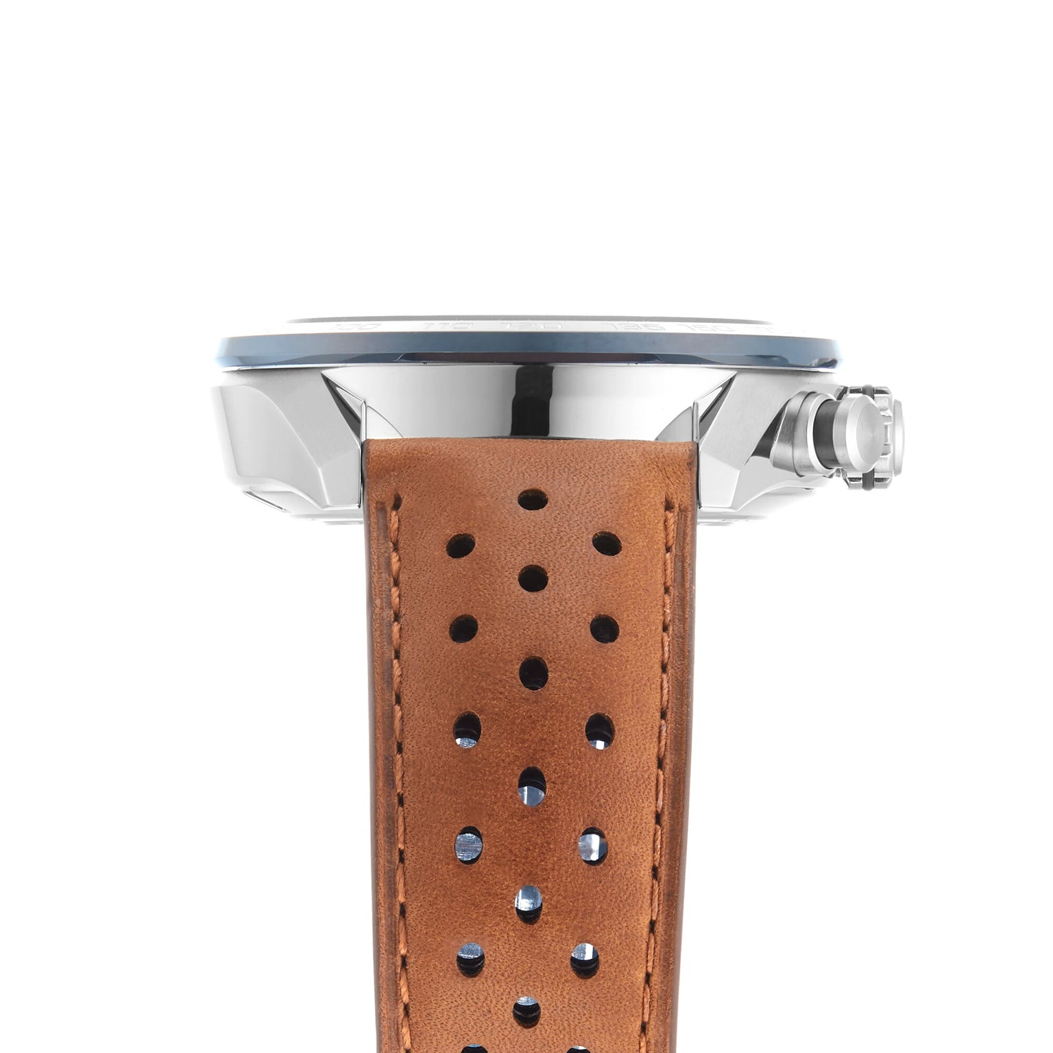 Side view of the TAG Heuer Carrera Chronograph shows its silver metal case and brown perforated leather strap, echoing motor-racing heritage and powered by the precision calibre 02 automatic movement.