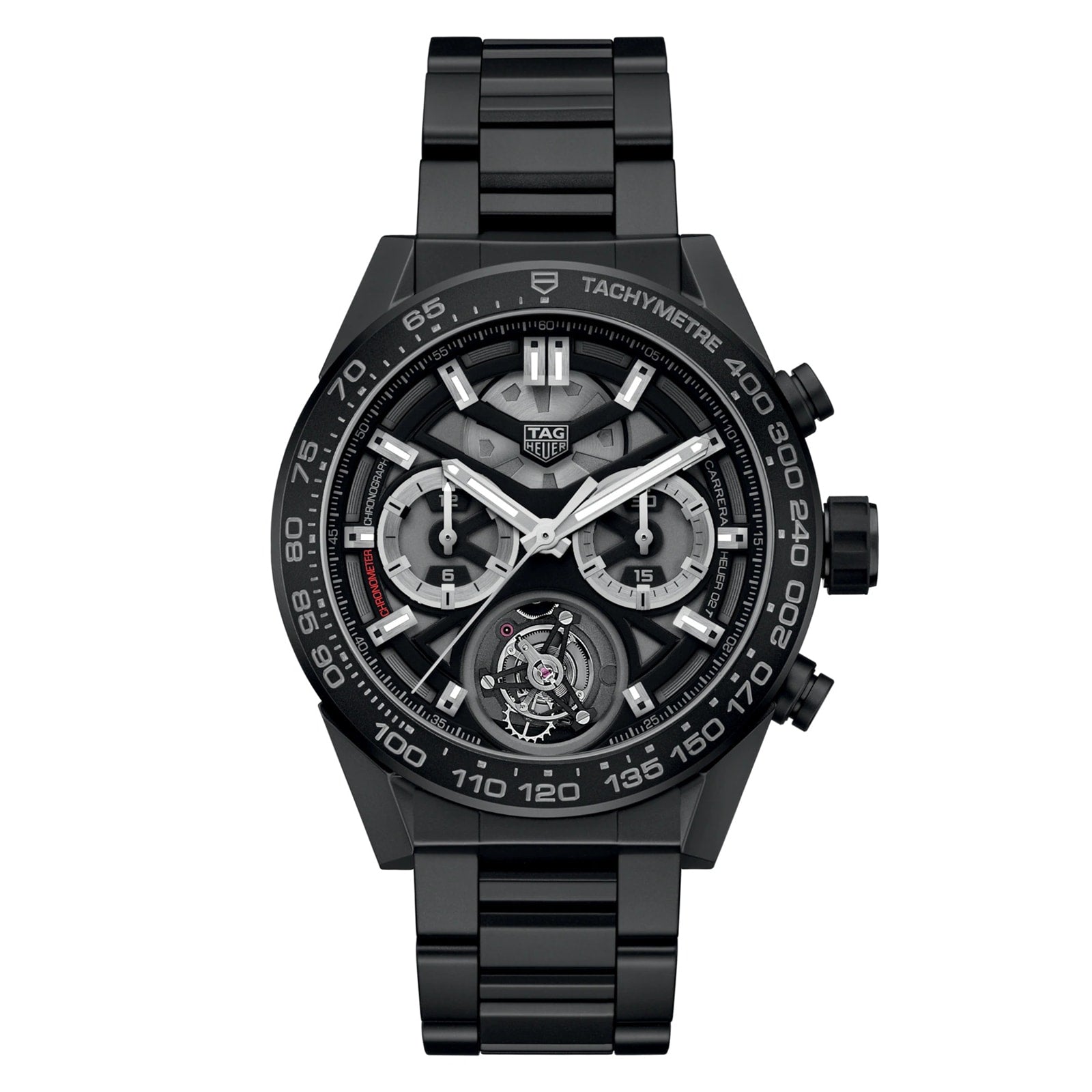 A black TAG Heuer Carrera Tourbillon Ceramic wristwatch with a skeleton dial, chronograph subdials, tachymeter bezel, and a black metal bracelet.
