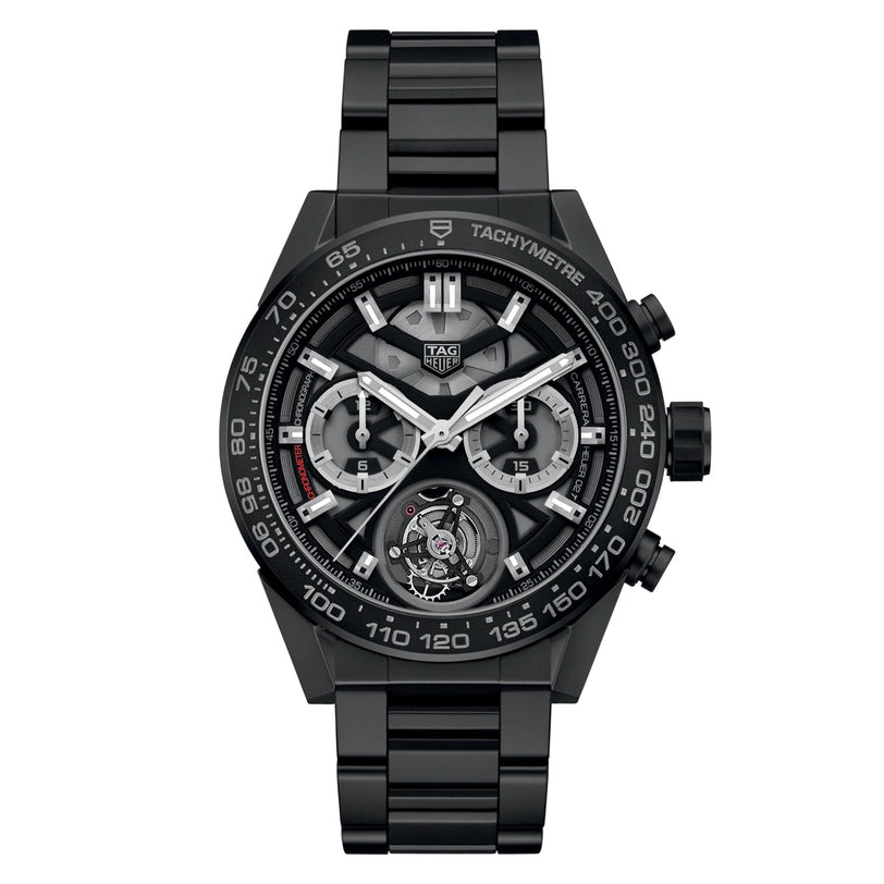 A black TAG Heuer Carrera Tourbillon Ceramic wristwatch with a skeleton dial, chronograph subdials, tachymeter bezel, and a black metal bracelet.