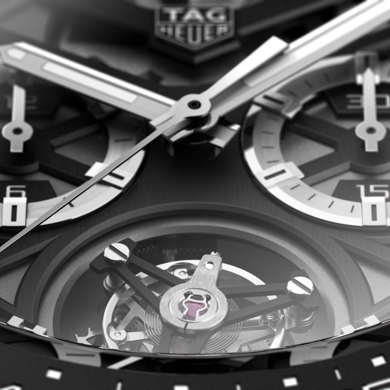 Close-up of the TAG Heuer Carrera Tourbillon Ceramic watch face, showcasing the brand logo, chronograph subdials, and its eye-catching tourbillon chronograph mechanism.