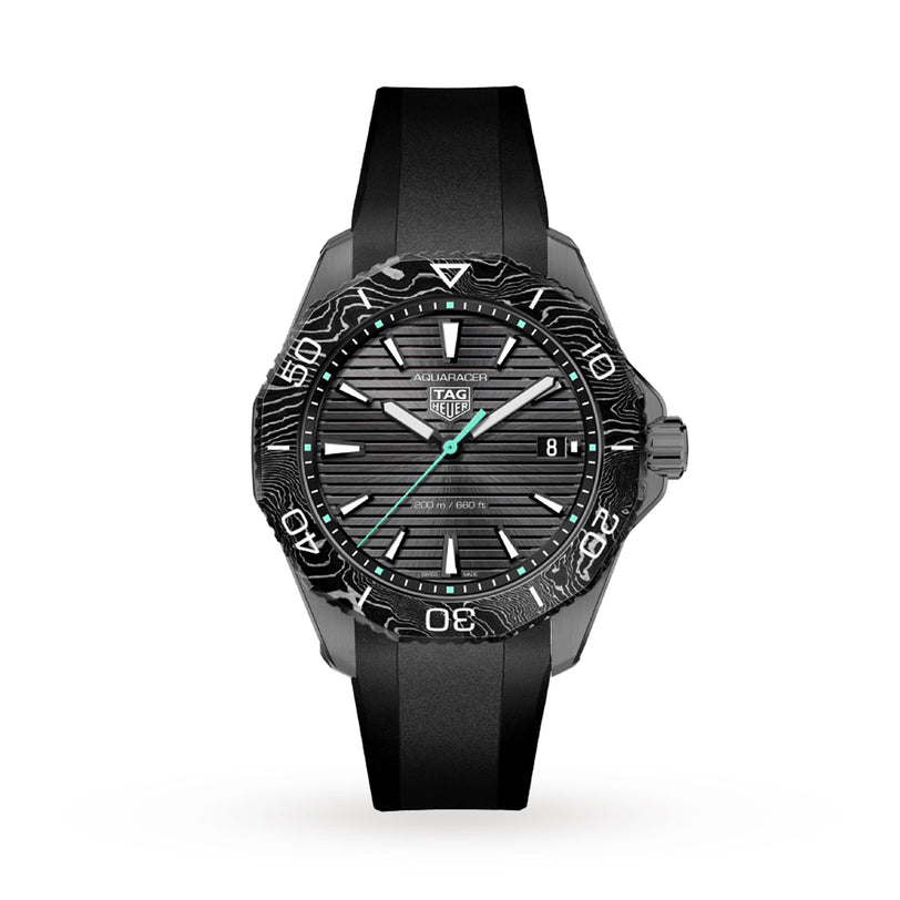 The TAG Heuer Aquaracer Professional 200 Solargraph is a black wristwatch with a striped black dial, white hour markers, date window at 3 o’clock, and a black rubber strap, featuring the advanced Solargraph module.