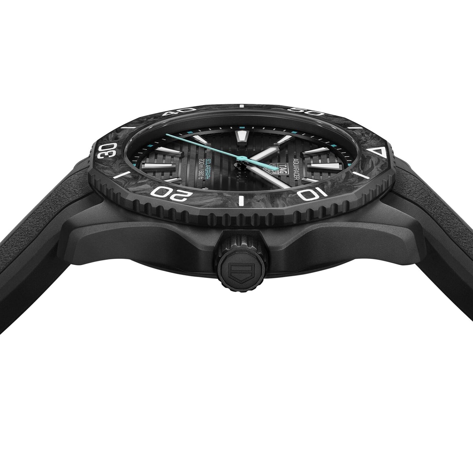 A side view of the TAG Heuer Aquaracer Professional 200 Solargraph in black, featuring a textured bezel, round dial, crown, and visible hour markings, highlighting its Solargraph module against a white background.