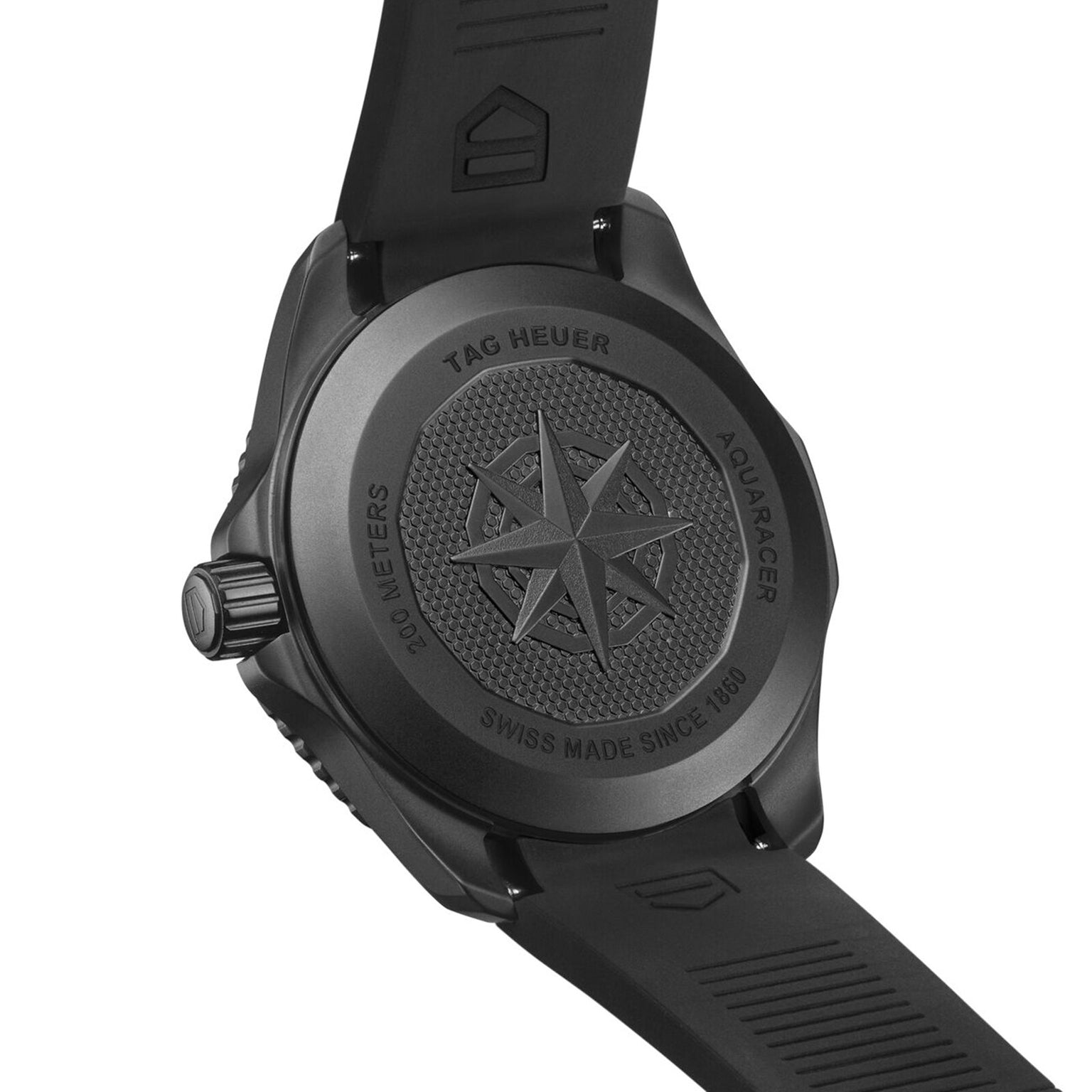 Close-up of the back of a black TAG Heuer Aquaracer Professional 200 Solargraph watch, featuring a compass design, brand engraving, and specifications such as Swiss Made and 200 meters.