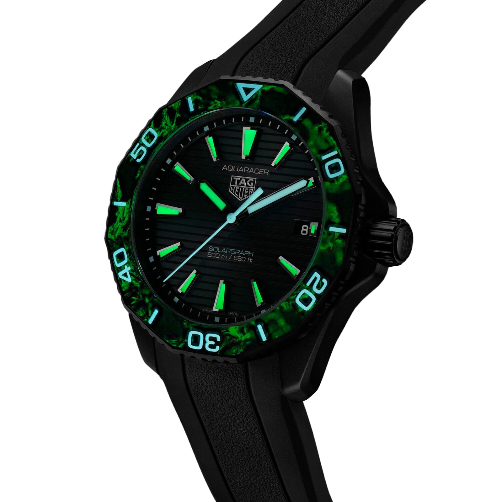 The TAG Heuer Aquaracer Professional 200 Solargraph is a black solar-powered watch with a green luminescent bezel and dial, black strap, and a date display at 3 o’clock.